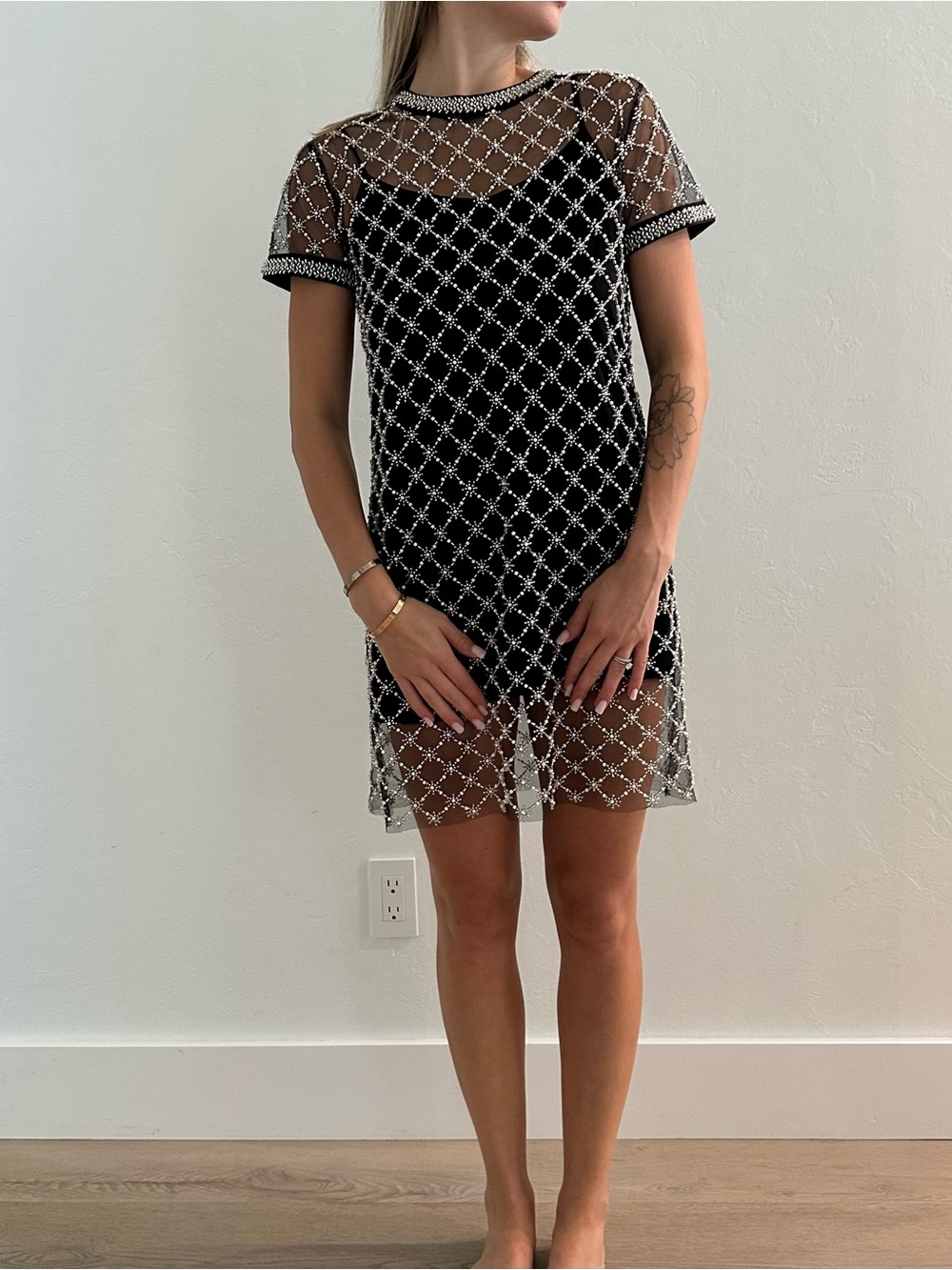 Maje Black Sheer Beaded Mini Dress with Silver Accents